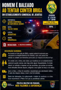 HOMEM É é BALEADO AO TENTAR CONTER BRIGA EM ESTABELECIMENTO COMERCIAL DE JESUÍTAS.